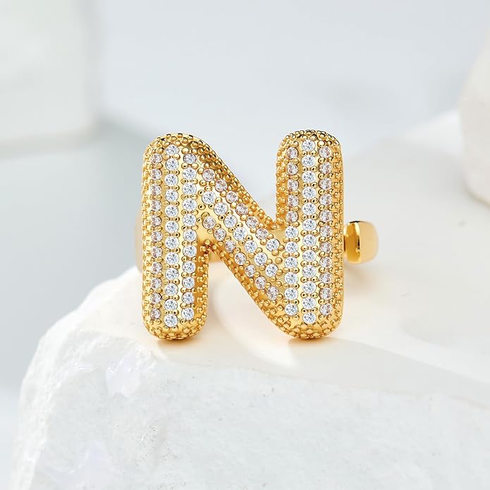 Cicy Bell Initial Rings for Women 14k Gold Plated Cubic Zirconia Delicate Letter Chunky Statement Open Rings Gifts for Her