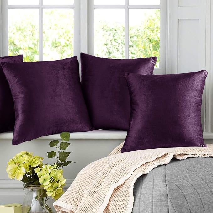 Nestl Throw Pillow Covers, Cozy Velvet Decorative Eggplant Purple Pillow Covers 20 x 20 Inches, Soft Solid Couch Pillow Covers for Sofa, Bed and Car, Set of 2