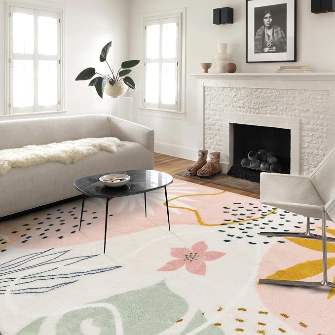 Lahome Pink 10x14 Washable Ultra-Thin Large Area Rug For Living Room, Non Slip Throw Rug For Dining Room, Soft Botanical Print Indoor Rug For Bedroom Office Guest Room