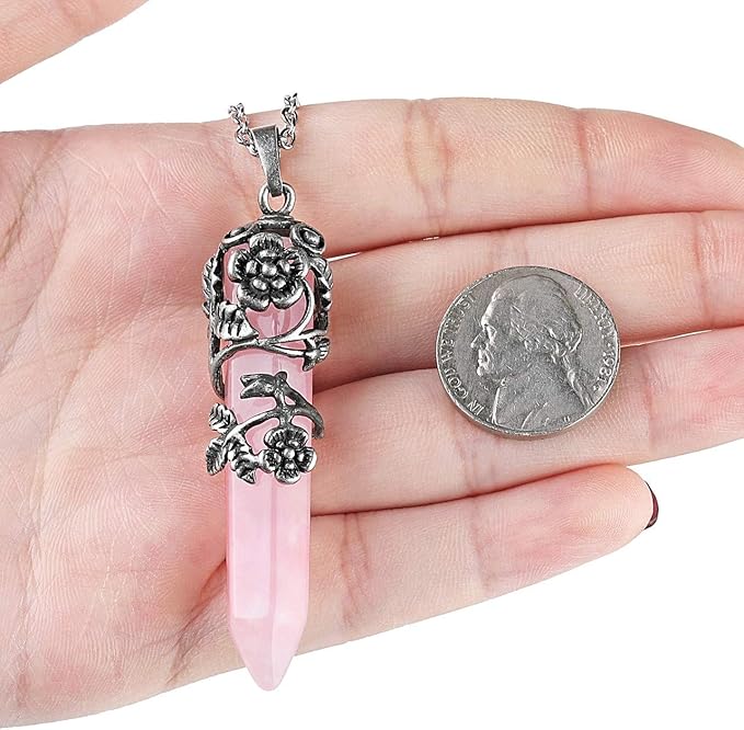 Top Plaza Antique Silver Flower Wrapped Natural Rose Quartz Healing Crystal Necklace Mothers Day Mom Gifts