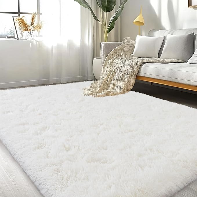 Large Area Rugs for Living Room Bedroom 8x10 Ivory Fluffy Shag Rugs | Ultra Soft Shaggy Plush Fuzzy Modern Indoor Throw Floor Carpet for Kids Girls Boys Dorm Nursery Home Decor Aesthetic