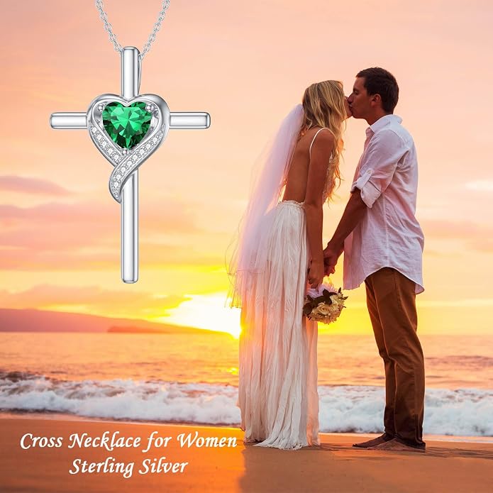TOUPOP Birthstone Cross Necklace for Women 925 Sterling Silver Heart Cross Pendant Necklace Mothers Day Birthday Jewelry Gifts for Mom Wife Her
