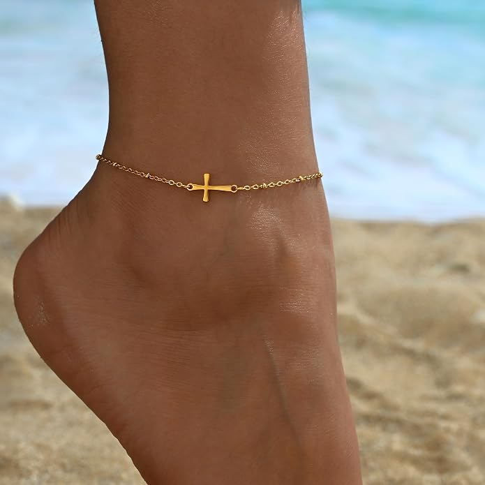 Dainty Ankle Bracelets for Women 18K Gold Plated Satellite Beaded Herringbone Lip Chain Anklets Simple Minimalist Summer Beach Foot Jewelry Christmas Gifts