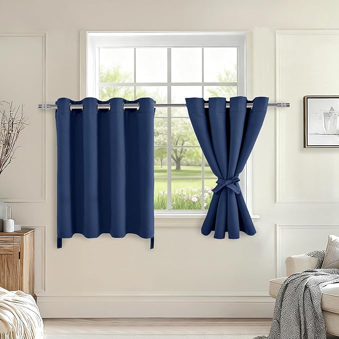 Hiasan RV Blackout Curtains for Bedroom, 52 x 30 Inches Long - Thermal Insulated & Energy Saving Window Curtains for Living Room, 2 Drape Panels Sewn with Tiebacks, Navy