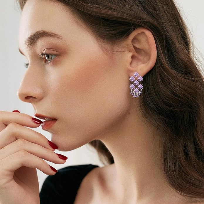 925 Sterling Silver Colorful Chandelier Teardrop Dangle Earrings Statement Flower Stud Earrings for Women Party Prom