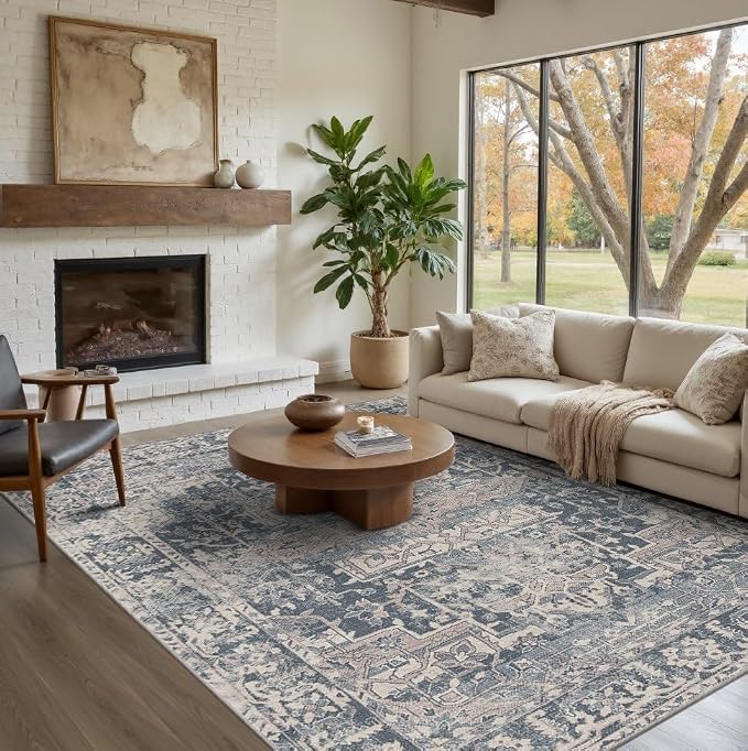 Rugxara Blue Area Rugs 5x7 Washable Rug for Living Room Bedroom | Non Slip, Rug for Dining Room Office Farmhouse Dorm, Stain Resistant, Soft, Vintage Boho Retro Carpet, Low Pile, Home Decor
