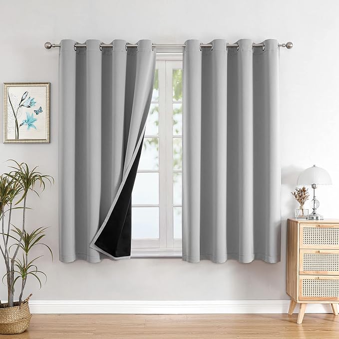 ChrisDowa 100% Blackout Curtains for Bedroom 54 Inches Long 2 Panels Set | 2 Thick Layers, Thermal Insulated, Grommet, Window Treatment, Living Room Drapes with Black Liner, Light Grey, 52 x 54 Inch