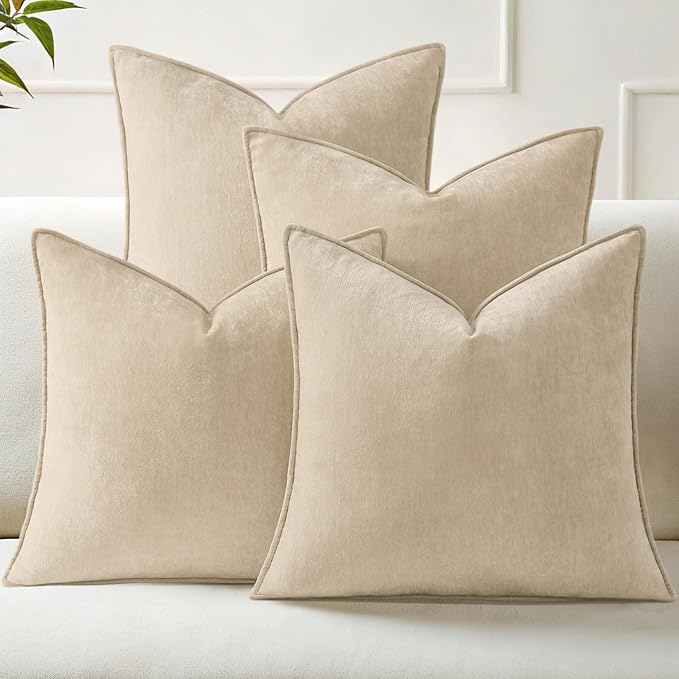 decorUhome Set of 4 Chenille Beige Throw Pillow Covers 20x20 | Couch Decorative Soft Neutral Pillow Covers with Elegant Design for Living Room Bed Sofa