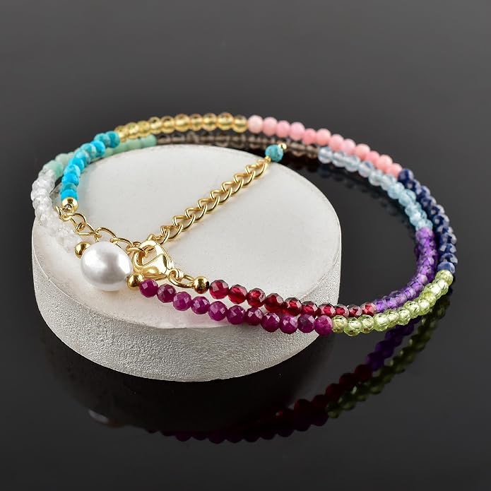 InfinityGemsArt Gemstone Gold Necklace For Women, Birthstone Natural Crystal Stone With Freshwater Pearl Beaded Jewelry, Gold Plated 18 Inch Chain