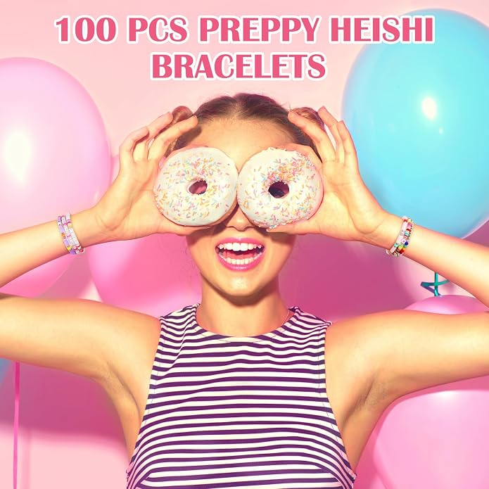 Equsion 100 Pcs Preppy Friendship Bracelets for Women Heishi Surfer Clay Stackable Bead Easter Boho Y2k Bracelets Gifts