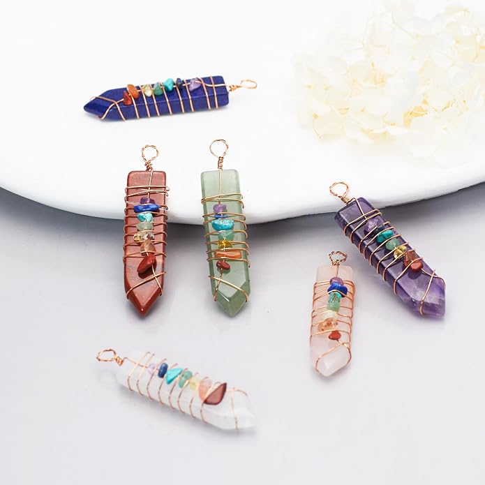 6 Pieces Natural Raw Crystal Point Pendant Reiki 7 Chakra Healing Quartz Gemstone Chips Rose Gold Copper Wires Wrapped Charms for Jewelry Making Necklace