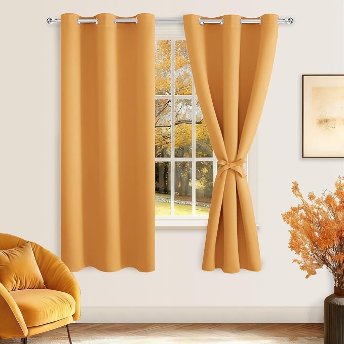 Hiasan Blackout Curtains for Bedroom, 42 x 63 Inches Length - Thermal Insulated & Noise reducing Window Curtains for Living Room, 2 Drape Panels Sewn with Tiebacks, Pumpkin Orange
