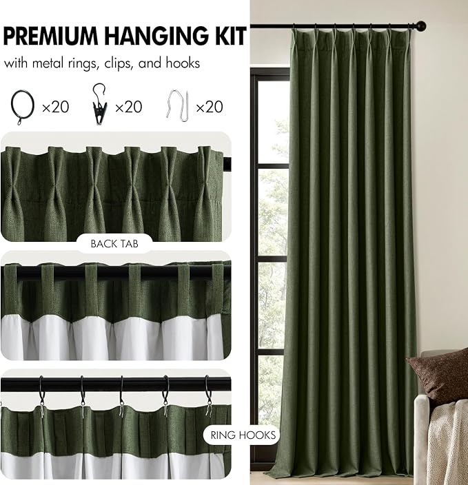 MIULEE Olive Green Pinch Pleated 100% Blackout Linen Curtains 108 Inch Long 2 Panels Set, Black Out Memory Trained Pleat Curtains Light Blocking Room Darkening Drapes for Bedroom Living Room Window