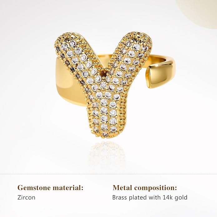Cicy Bell Initial Rings for Women 14k Gold Plated Cubic Zirconia Delicate Letter Chunky Statement Open Rings Gifts for Her
