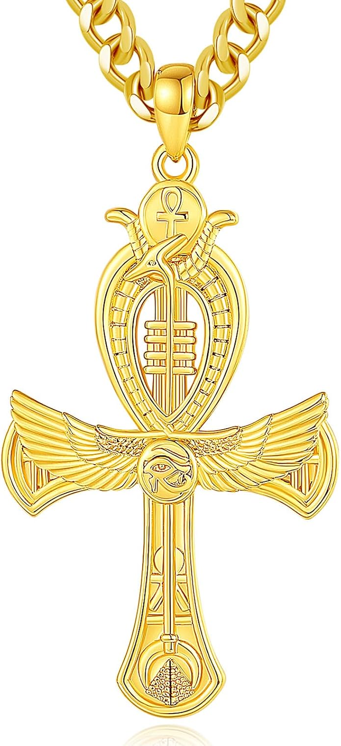 INFUSEU Mythology Pendant Necklaces for Men, Viking Norse Mjolnir Egyptian Anubis Ankh, 22-24 Inch Chain