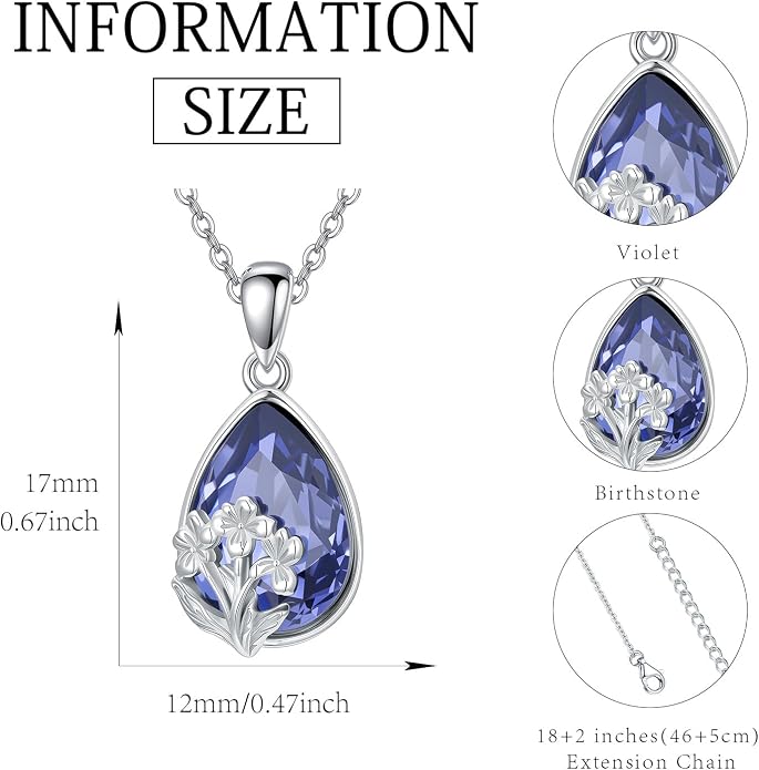 925 Sterling Silver Birth Flower Necklace with Teardrop Shaped Birthstone - 12 Colors, 12 Kinds of Flower - Ideal Birthday Jewelry Gift for Women, Mothers, Daughters & Wives