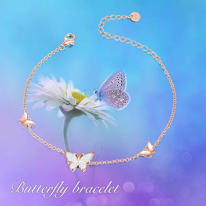 WINNICACA Sterling Silver Butterfly Bracelet Anklet Created Opal Butterfly Jewelry Gifts for Women Birthday Christmas Day Gifts