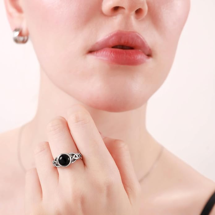 Silvershake 8MM Round Shape Gemstone Antique Finishing or Yellow Gold Plated 925 Sterling Silver Triquetra Celtic Knot Solitaire Ring Jewelry for Women