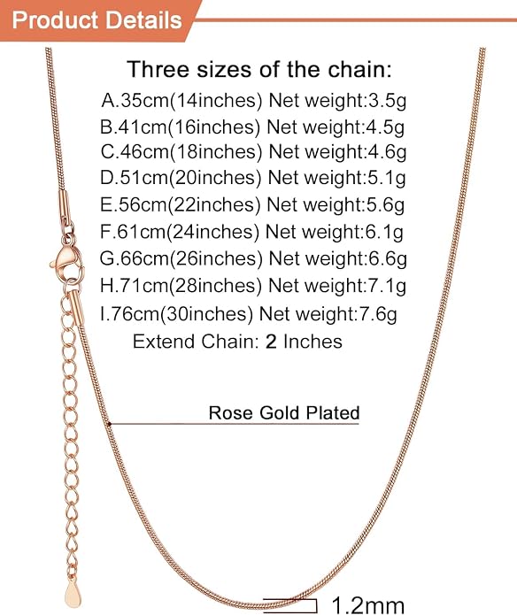 U7 Snake Necklace for Women 14K Gold Plated/Silver/Rose Gold/Black Chain Necklace Hypoallergenic, Stainless Steel Tiny Snake Chain Necklace 1/1.2/1.5/2MM, 14-30" Adjustable Minimalist Gift