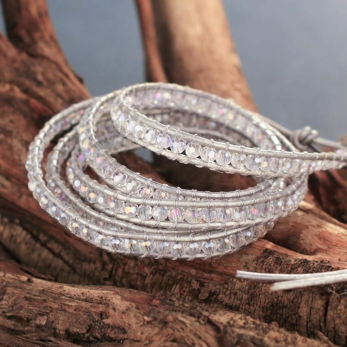 KELITCH Pearl Crystal Beads Bracelets Handmade Natural Leather 5 Wrap Bracelet for Women Classic Bangle Jewelry
