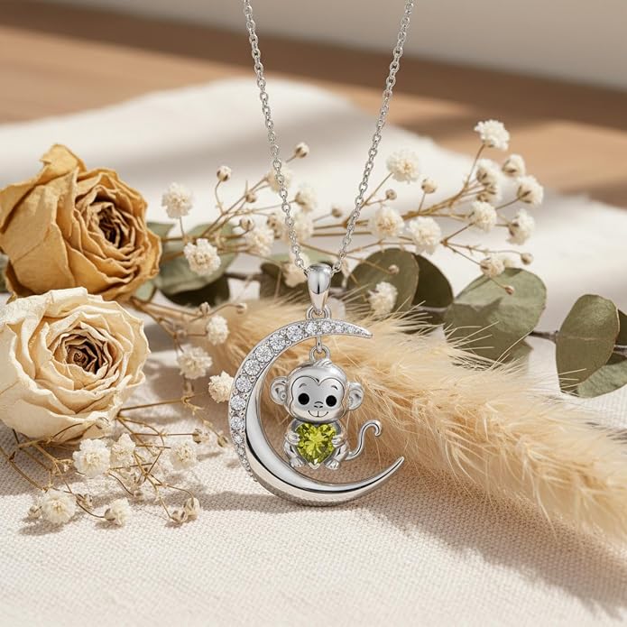 PROESS Animal Birthstone Necklace 925 Sterling Silver Otter/Axolotl/Hippo/Elephant/Dachshund/Monkey/Red Panda Pendant Necklace Animal Birthstone Jewelry Gifts for Women