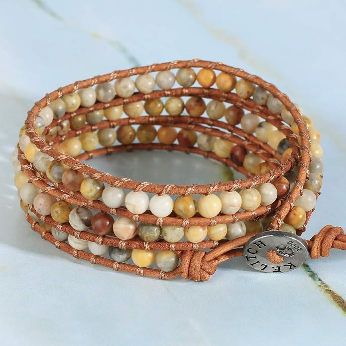 KELITCH Turquoise Beads Bracelets Leather 3 Wrap Bracelet Handmade Women Heart Jewelry