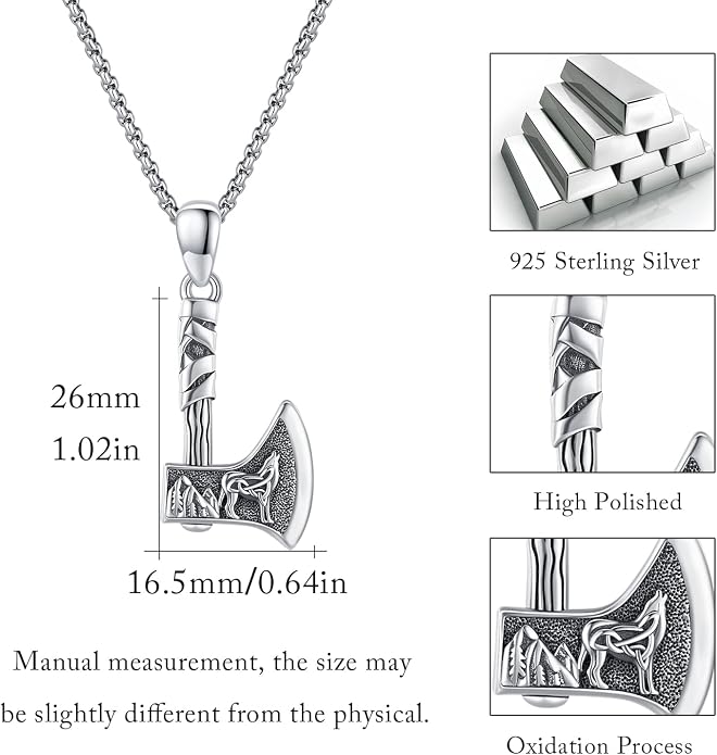 MEDWISE Viking Axe Pendant Necklace Celtic Wolf S925 Sterling Silver Celtic Norse Talisman Viking Rune Viking Jewelry Axe Warrior Hatchet Axe Amulet Necklace for Men Women
