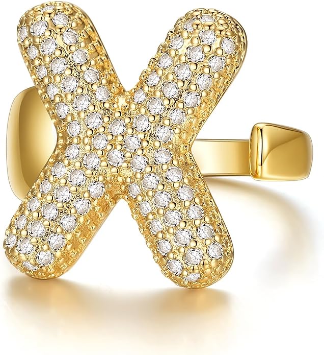 KeyStyle Bold Initial Letter Rings Adjustable, GoldChic Jewelry Women Gold Statement Ring Personalized Engraved Women’s Open Signet Ring for Party (Gold, White Gold, Black)