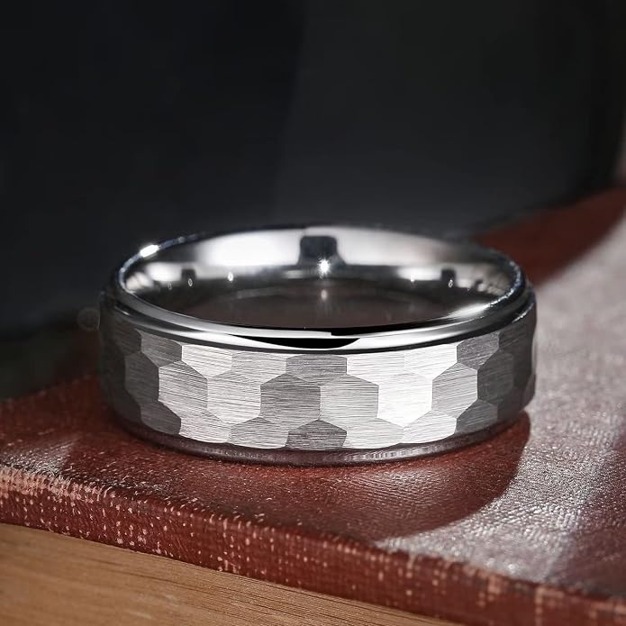 King Will Hammered 8mm Silver Tungsten Ring Hammer Men Wedding Band Comfort Fit