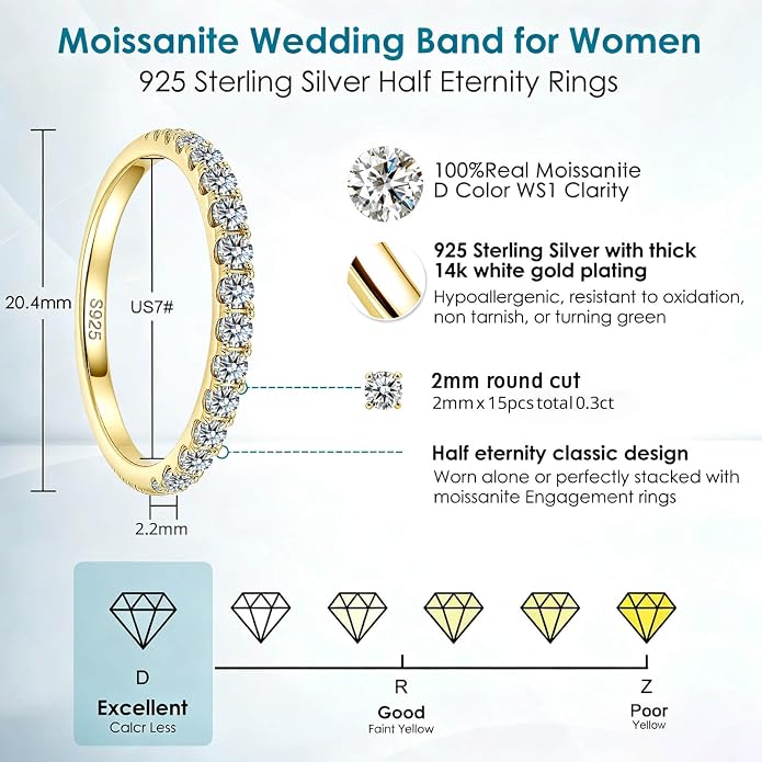 WES 1.5/1.8/2.0mm Moissanite Wedding Band - 925 Sterling Silver Half Eternity Round Stackable Moissanite Engagement Rings Anniversary Wedding Rings for Women, Size 4-11