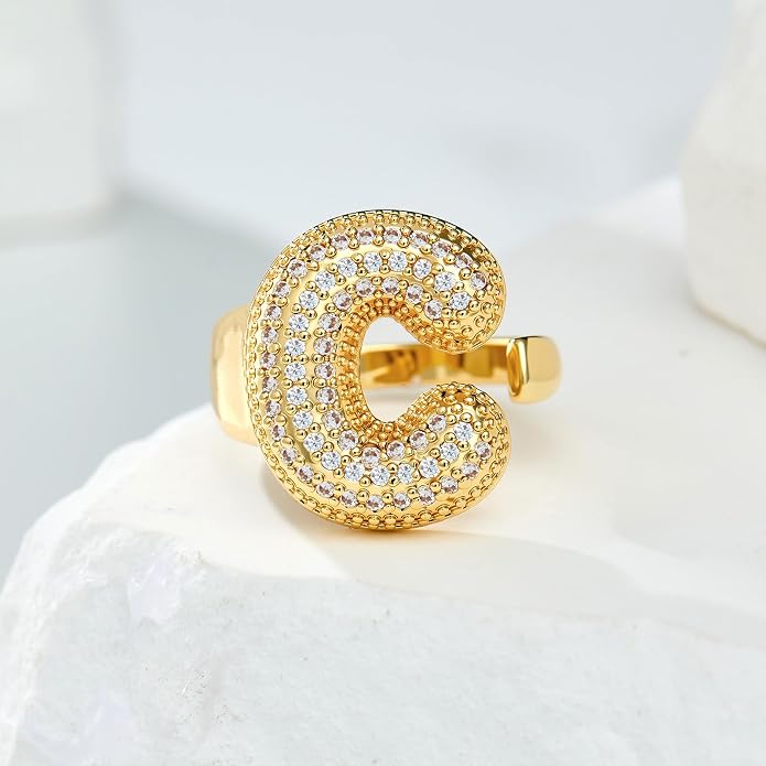 Cicy Bell Initial Rings for Women 14k Gold Plated Cubic Zirconia Delicate Letter Chunky Statement Open Rings Gifts for Her