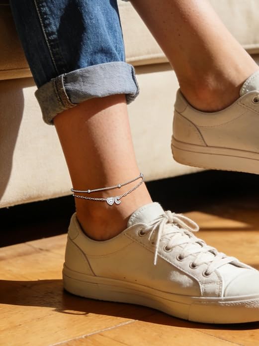 Bestyle Initial Anklet Bracelets for Women Waterproof Non Tarnish 14K Gold/White Gold Plated CZ Anklets for Women Dainty Layered Letter Heart Ankle Bracelets Adjustable Foot Chain Anklet