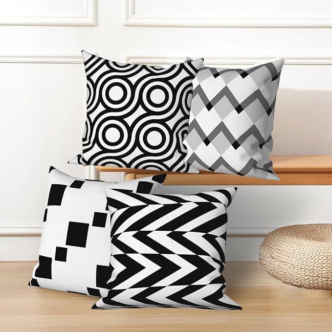 Black White Throw Pillow Covers Geometric Modern Abstract Grey Stripes Minimalist Art Boho Pattern 16x16 Set of 4 Cushion Cover for Outdoor Indoor Sofa Chair Couch Garden Patio Farmhouse