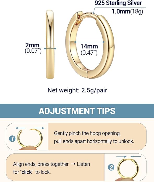 PROSTEEL Hoop Earrings for Women, Huggie Hoop with 925 Sterling Silver Post, 8/10/12/14/16/18/20mm Small Huggie Hoops, 14K Gold Plated/Silver/Black/Rose Gold Hypoallergenic Earrings Jewelry