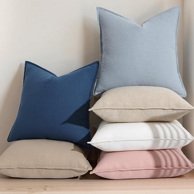 decorUhome Fall Sky Blue Linen Throw Pillow Covers 26x26 Set of 2 | Decorative Soft Cozy Modern Farmhouse Boho Accent Pillow Cases with Flange Edges for Couch Bed Sofa Living Room Home Decor