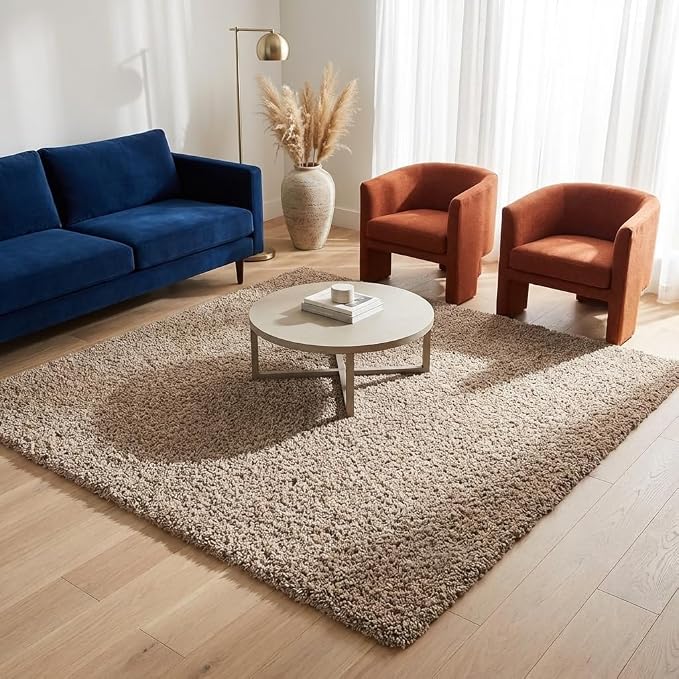 Unique Loom Solid Shag Collection Area Rug (5' 1" Square, Taupe) | Modern solid area rug for dining room, living room & bedroom. Stain-resistant, easy-care, kid & pet friendly