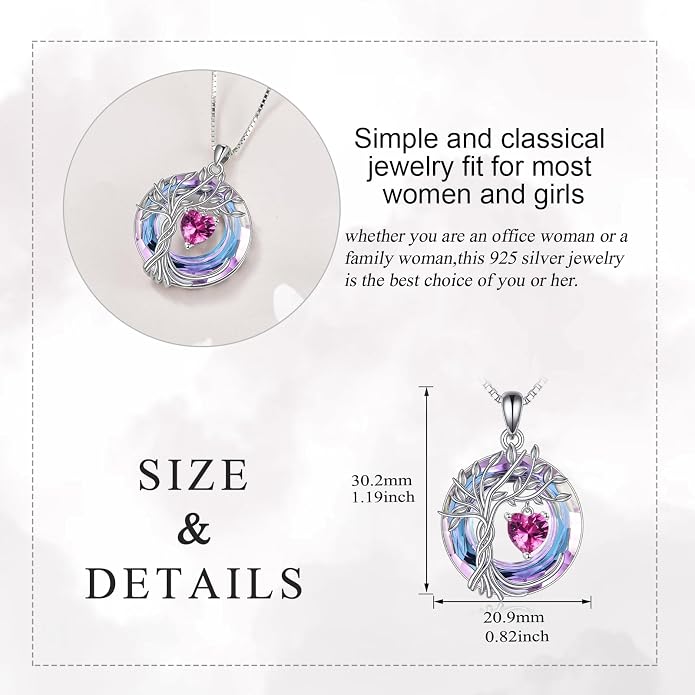 POPLYKE Mothers Day Gifts for Mom Her Wife Tree of Life Necklace 925 Sterling Silver Birthstone Pendant with Crystal Anniversary Birthday Wedding Jewelry for Women