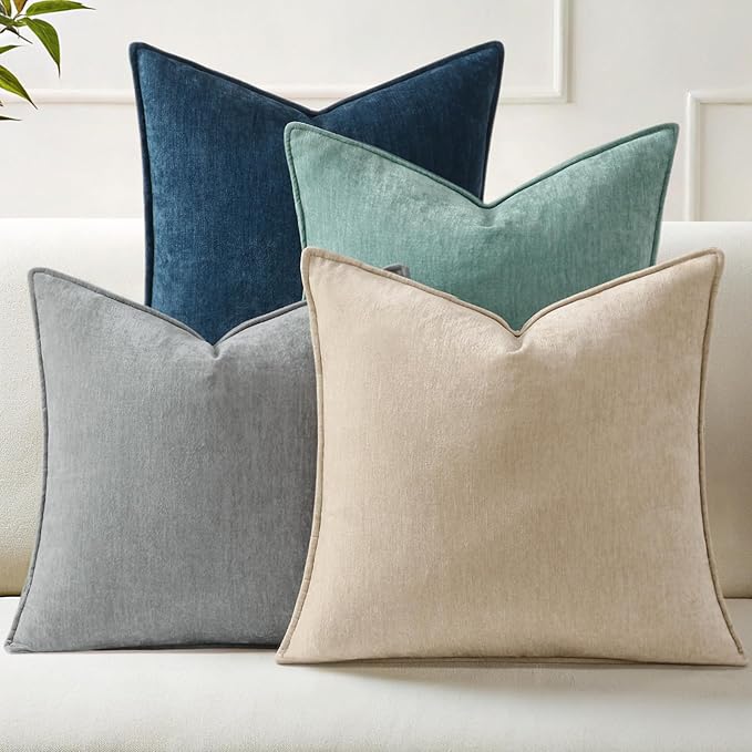 decorUhome Set of 4 Chenille Throw Pillow Covers 18x18(Beige/Aqua) | Couch Decorative Soft Neutral Pillow Covers with Elegant Design for Living Room Bed Sofa