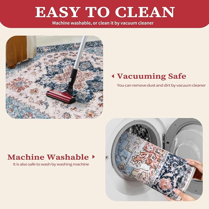 SERISSA Boho Rugs for Entryway, 2x3 Entryway Rug Non-Slip Washable Small Area Rug, Ultra Soft Oriental Vintage Low-Pile Indoor Door Mat Blue Orange Floor Carpet for Entrance Bedroom Kitchen Bathroom