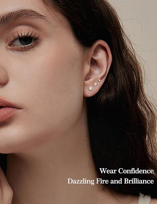 3 Pairs Moissanite Flatback Stud Earrings for Women, 925 Sterling Silver Hypoallergenic Flat Back Cartilage Earrings Set, 18K White Gold Plated
