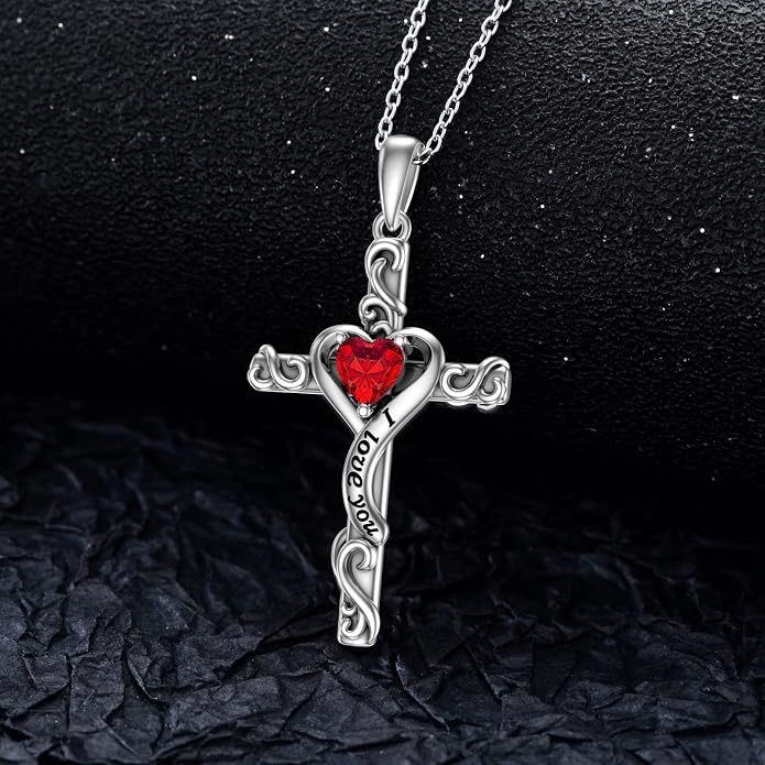 TOUPOP Cross Birthstone Necklace for Women 925 Sterling Silver Heart Cross Pendant I Love You Jewelry Anniversary Birthday Mothers Day Gifts for Mom Wife Her