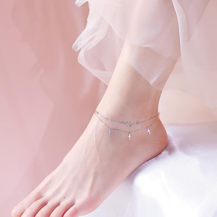Alphm Anklet for Women S925 Sterling Silver Adjustable Foot Evil Eye Starfish Heart Bead Butterfly Celtic Knot Cross Multilayer Layered Ankle Bracelet Jewelry