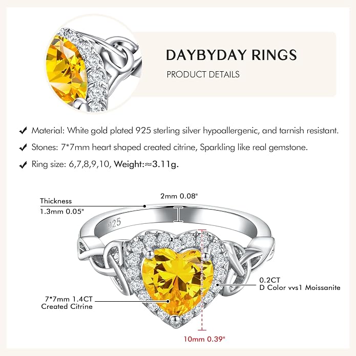 DAYBYDAY Celtic Birthstone Rings for Women 925 Sterling Silver Heart/Round/Pear/Oval Created Gemstone Moissanite Halo Engagement Promise Rings for Her Wife Birthday Anniversary Wedding Jewelry