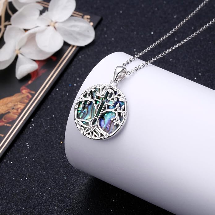 DAOCHONG Tree of Life Cross Necklace 925 Sterling Silver Abalone Shell Pendant Necklaces for Women Christian Religious Jewelry
