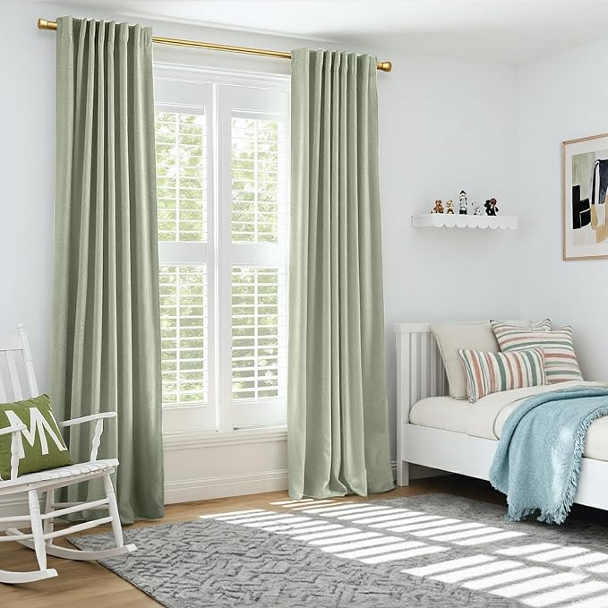 INOVADAY 100% Blackout Curtains for Bedroom, Sage Black Out Curtains 84 Inch Long, Clip Rings Linen Blackout Drapes, Thermal Insulated Room Darkening for Living Room, 2 Panels - W50xL84