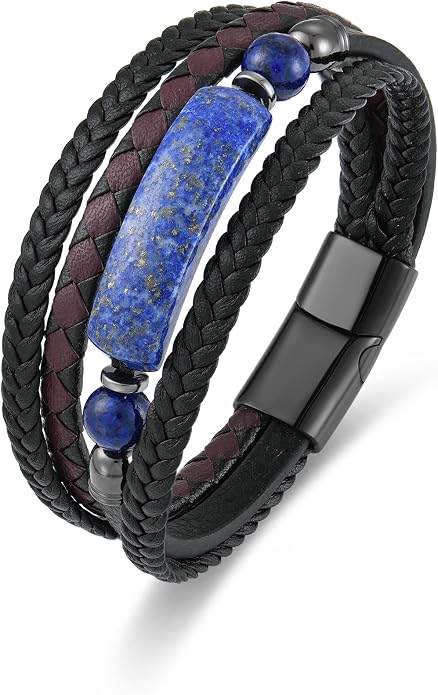 Mens Turquoise/Lapis Lazuli/Tiger Eye/Black Agate/Obsidian Leather Braided Bracelets for Father's Day/Birthdays/Graduation Jewelry Wristband Cuff Bracelet with Stainless Steel Clasp