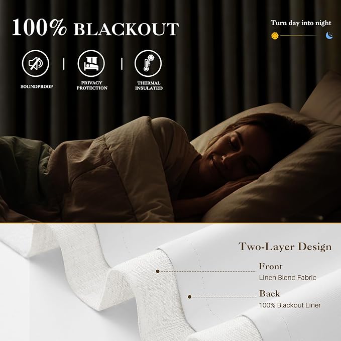 IVAPUPU Pinch Pleated Linen Blend Blackout Curtains for Bedroom - Ivory Full Black Out Curtains 95 Inch 2 Panels Set for Living Room Darkening Thermal Window Curtain Drapes with 16pc Hooks