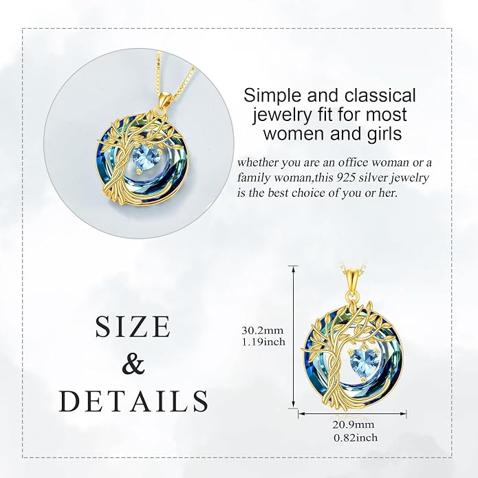 POPLYKE Mothers Day Gifts for Mom Her Wife Tree of Life Necklace 925 Sterling Silver Birthstone Pendant with Crystal Anniversary Birthday Wedding Jewelry for Women