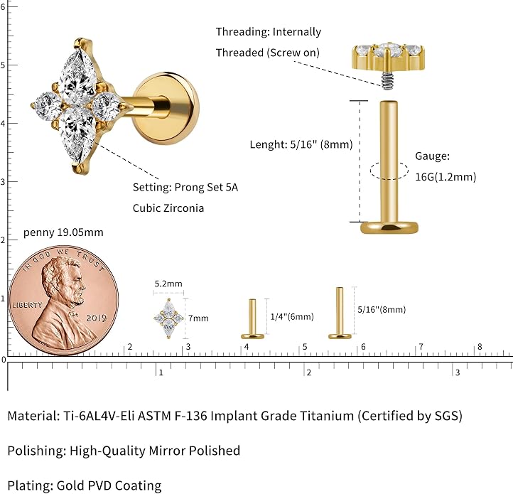 FINE4U 1PC ASTM F136 Titanium 16G Flatback Stud for Tragus, Helix, Conch 6mm 8mm - Screw on Cartilage Earring Piercing Jewelry