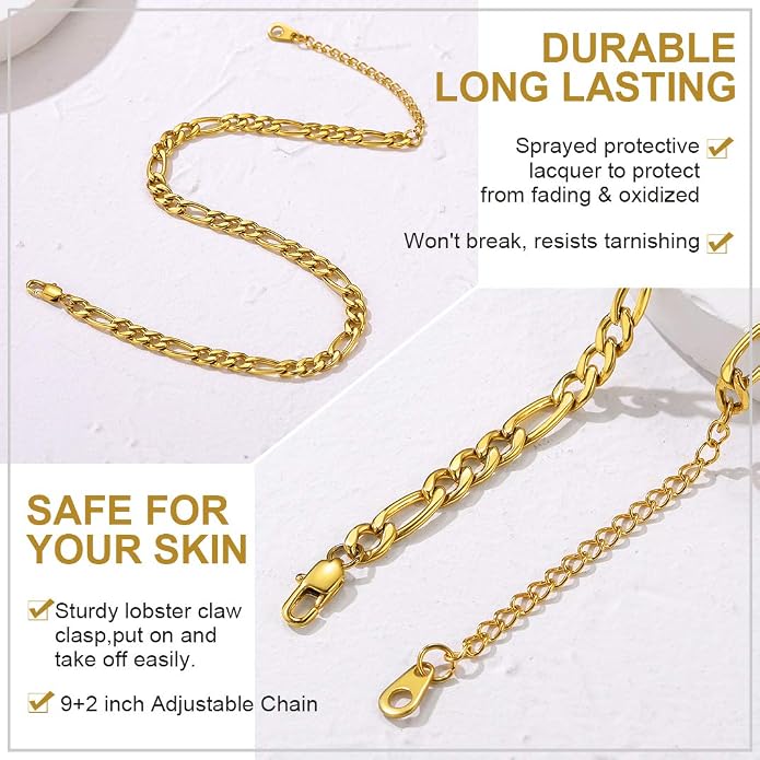 GoldChic Adjustbale Link Chain Anklet for Women Summer Jewelry, 316L Stainless Steel Figaro/Wheat/Twist Rope/Cuban Foot Bracelet-Waterproof, Resizable 9"-12" (Gift Box Included)